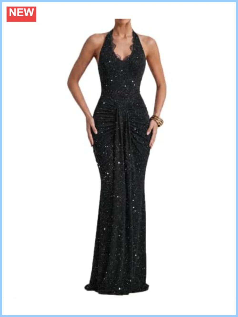 Women's Halter Neck Lace Sequin Maxi Dress - Formal Evening Gown
